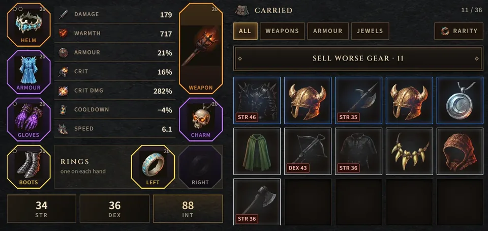The gear screen: the paper doll, stats and the bag